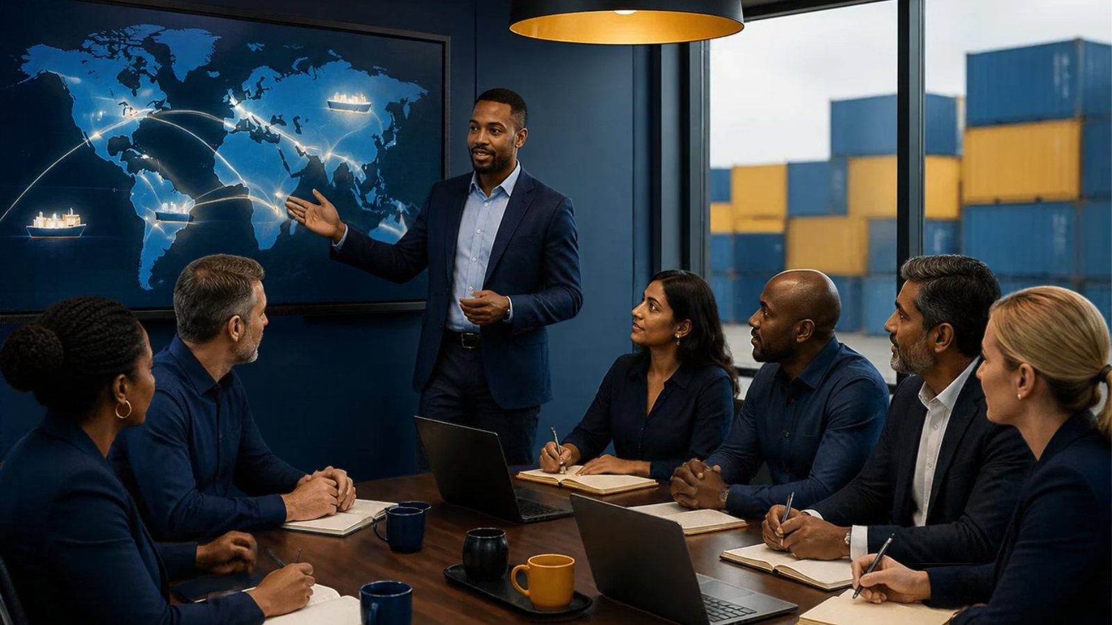 Facilitator running an in-house customs and logistics training session for a team in a company boardroom
